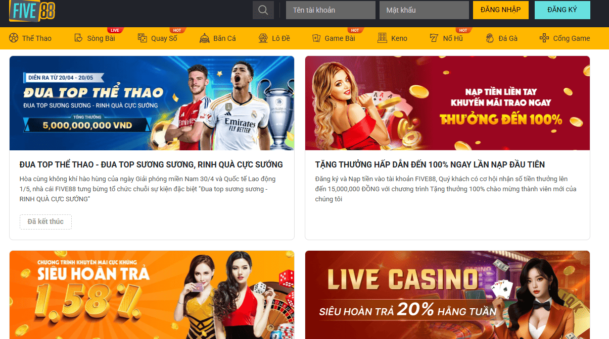 FIVE88 Cổng Game Cá Cược Đáng Tin Cậy Với Tỷ Lệ Thưởng Cao 3 Tổng hợp các sự kiện ưu đãi hot hit cho hội viên