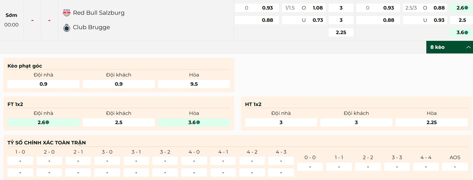 Soi Kèo RB Salzburg Vs Club Brugge 00h00 07/08 - UEFA Champion League 1 Bảng kèo RB Salzburg vs Club Brugge mới nhất